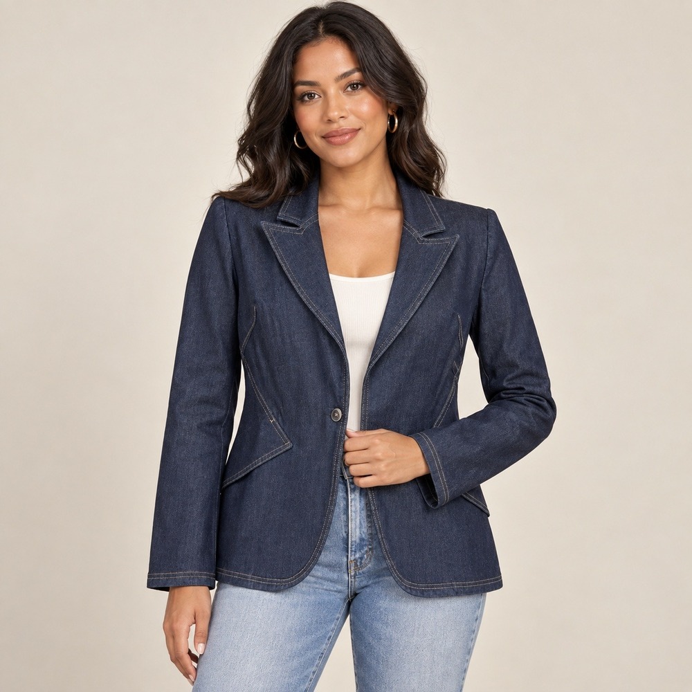 White House Black Market Editor Blazer Women 12 Dark Indigo Denim Jacket Stretch